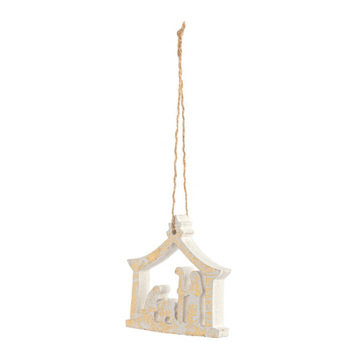 Nativity Scene Gold White Wood Ornament slide 