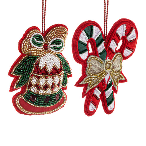 Candy Cane and Bell Red Beaded Ornaments 2 Assorted - 4x4in slide 