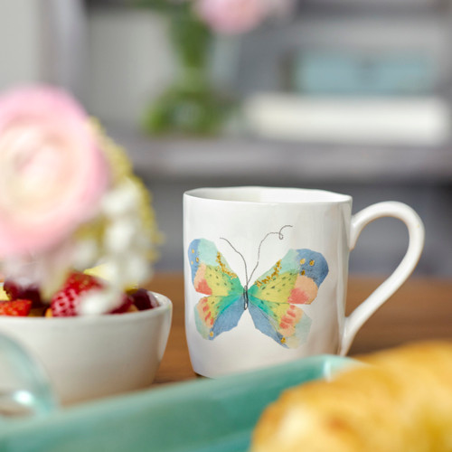 Pastel Multi Butterfly White Mug with Gold Trim - 14oz slide 