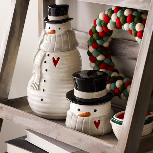 Snowman Red Heart Cream Ceramic Candy Jar - 5x7in slide