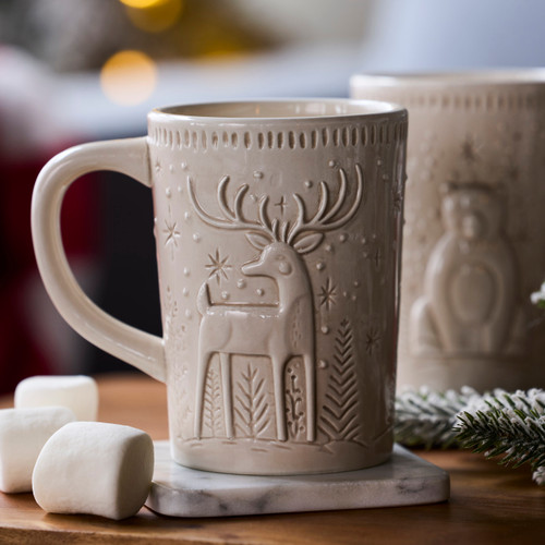 Deer and Polar Bear Winter Scene Sculpted Ceramic Mugs - Set of 2 slide 
