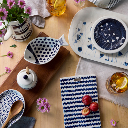 Blue and White Zig Zag Stripe Ceramic Hand Painted Cutting Board slide 