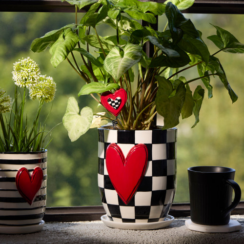 Ceramic Checker Red Heart Planter & Saucer 6" x 7.5" slide 