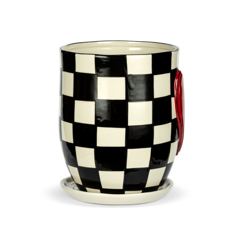 Ceramic Checker Red Heart Planter & Saucer 6" x 7.5" slide 