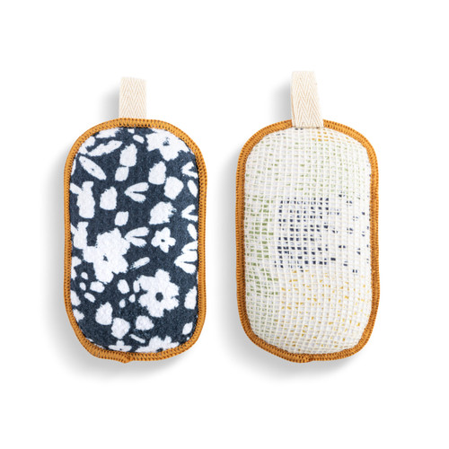 Navy Floral Absorbent Reversible Sponges Set of 2 - 3x5in slide 