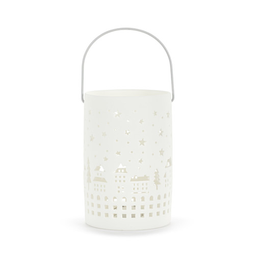 White LED Ceramic Holiday Village Scene Small Lantern - 3x5in slide 