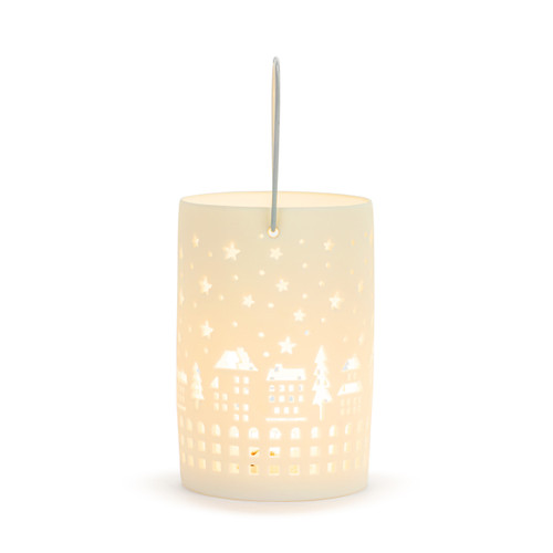 White LED Ceramic Holiday Village Scene Small Lantern - 3x5in slide 