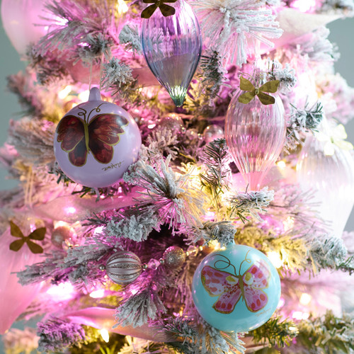 Pink Butterfly Sage Green Round Ornament - 4in slide 