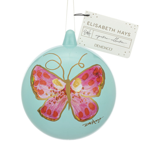 Pink Butterfly Sage Green Round Ornament - 4in slide 