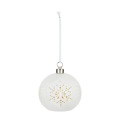 White LED Ceramic Snowflake Medium Round Ornament - 4in slide 
