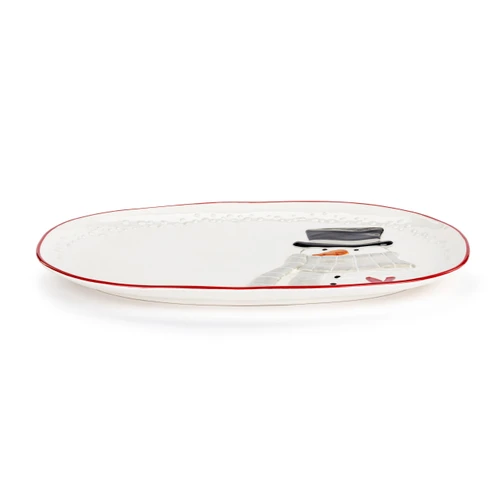 Snowman Red Heart Cream Ceramic Platter - 15x11in slide 