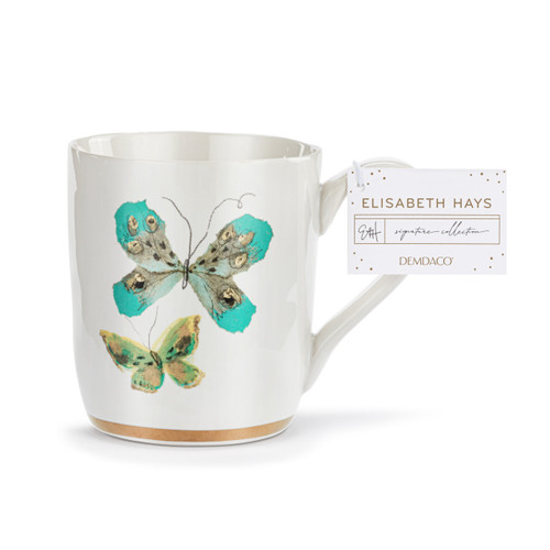 Turquoise & Green Duo Butterfly White Mug with Gold Trim - 14oz slide 