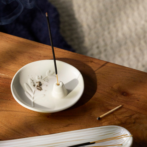 Cream Botanical Ceramic Incense Holder - 4.5in slide 
