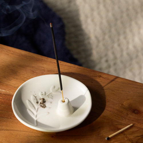 Cream Botanical Ceramic Incense Holder - 4.5in slide 