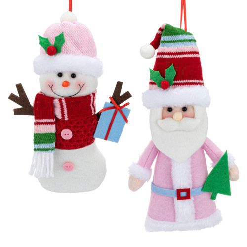 Pink Santa and Snowman Fabric Ornaments 2 Assorted - 5x10in slide 