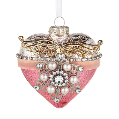 Patinaed Heart with Angel Wings and Pearls Glass Ornament - 4in slide 