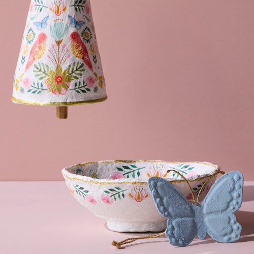 Paper Mache Coral Birds with Gold Rim Bowl - 7.5in slide 