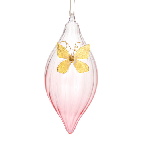Light Pink Milk Glass Ornament with Butterfly Charm - 3x7in slide 