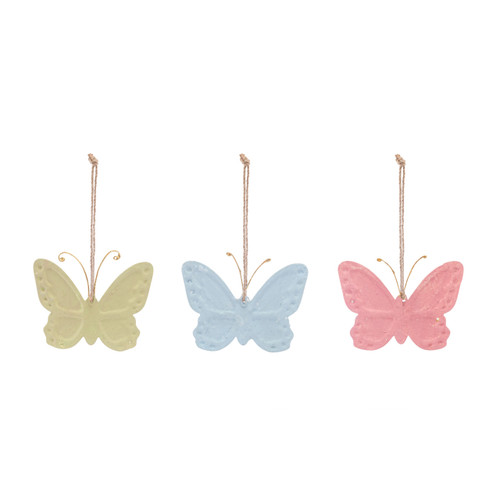 Paper Mache Blue Pink and Green Butterfly Ornaments 3 Assorted - 4.5x3.5in slide 