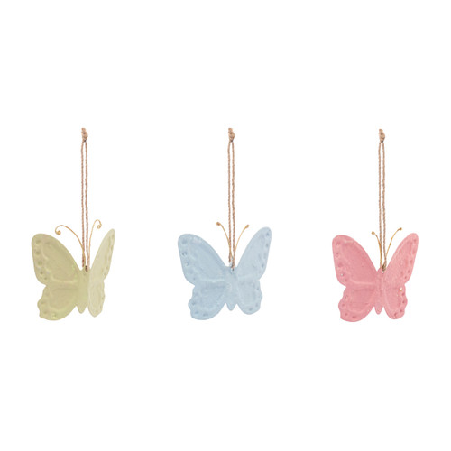 Paper Mache Blue Pink and Green Butterfly Ornaments 3 Assorted - 4.5x3.5in slide 