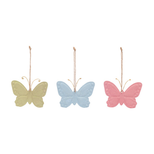 Paper Mache Blue Pink and Green Butterfly Ornaments 3 Assorted - 4.5x3.5in slide 