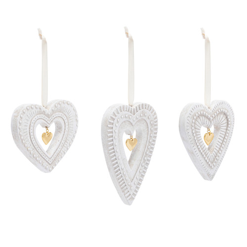 Heart with Gold Charm Paper Pulp Ornaments - Set of 3 slide 