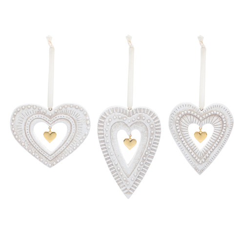 Heart with Gold Charm Paper Pulp Ornaments - Set of 3 slide 