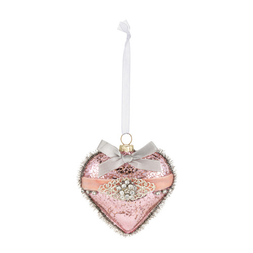 Pink Heart with Ribbon and Tinsel Glass Ornament - 3.5in slide 