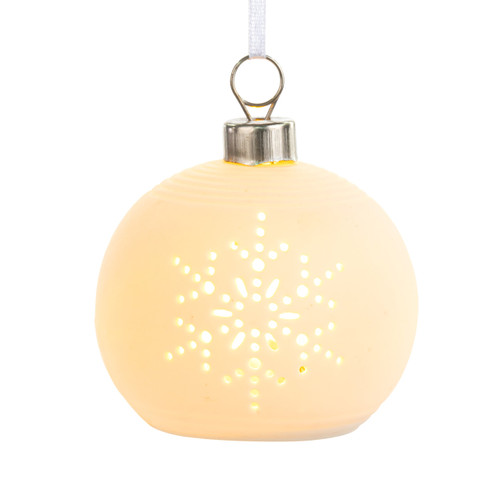 White LED Ceramic Snowflake Small Round Ornament - 3in slide 