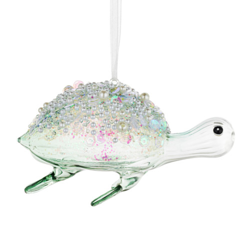 Green Sea Turtle with Pearls Glass Ornament - 5x2in slide 