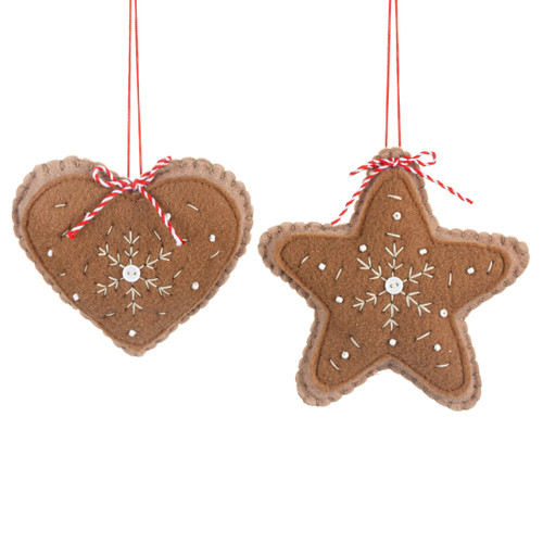 Gingerbread Heart and Star Fabric Ornaments 2 Assorted - 4in slide 
