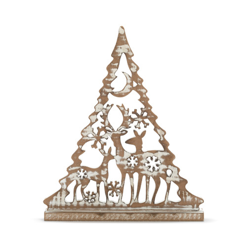 Whitewashed Wood Deer Cut Out Tree Figure - 13x16in slide 
