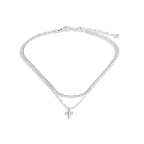 Layered Cross Silver Necklace 18in slide 