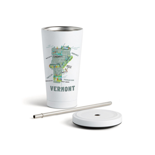 Vermont State Tumbler wStraw-White 16oz slide