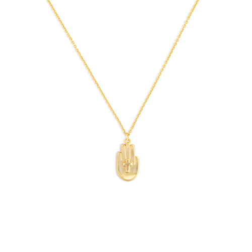 Gold Hand and Cross Necklace - 16in slide 