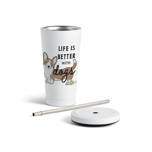 Corgi Dog Tumbler with Straw - White 16oz slide 