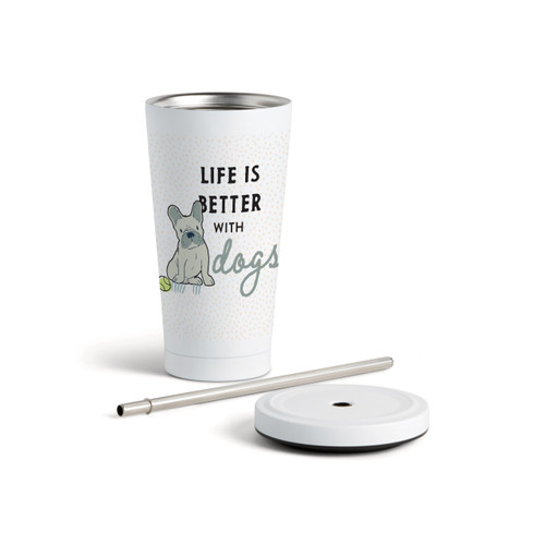 French Bulldog Dog Tumbler with Straw - White 16oz slide 