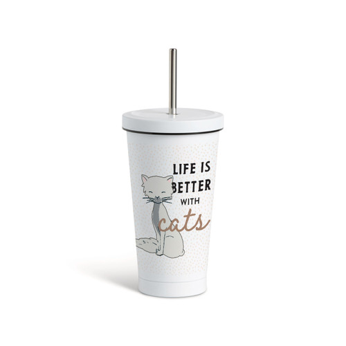 White Cat Tumbler with Straw - White 16oz slide 