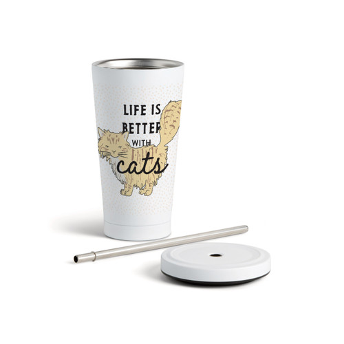 Yellow Cat Tumbler with Straw - White 16oz slide 