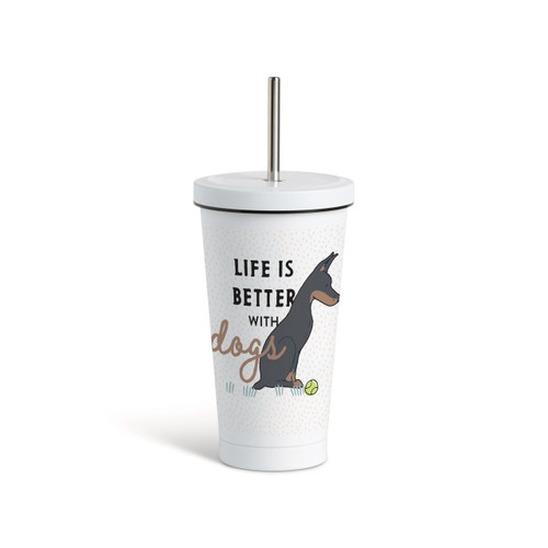 Dobermann Dog Tumbler with Straw - White 16oz slide 