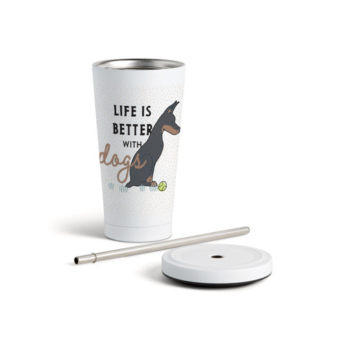 Dobermann Dog Tumbler with Straw - White 16oz slide 