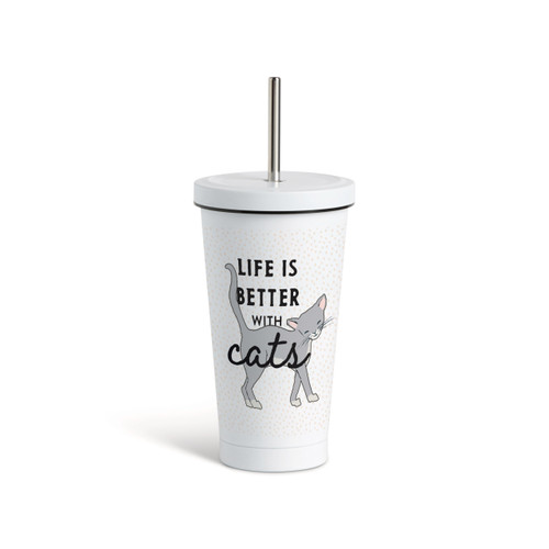 Gray Cat Tumbler with Straw - White 16oz slide