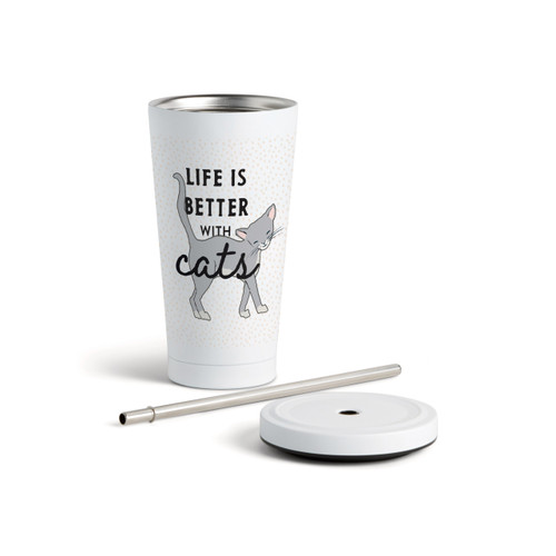 Gray Cat Tumbler with Straw - White 16oz slide 
