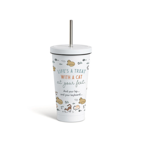 Life's a Treat Cat Tumbler with Straw - White 16oz slide 