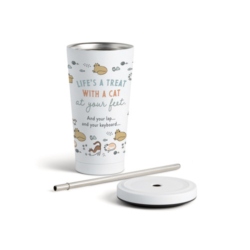 Life's a Treat Cat Tumbler with Straw - White 16oz slide 