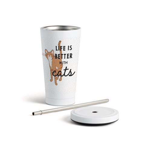 Tabby Cat Tumbler with Straw - White 16oz slide 