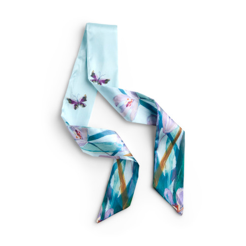 Blue Floral Skinny Tie Bag Scarf - 5x95cm slide 