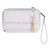 white leather wallet with gold rectangular charm hanging from zipper