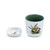 A small white and green cup with a chickadee bird painted on the front. Placed beside a matching trinket dish.