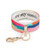 An expanded blue, green, pink, and orange print wrist strap with gold metal accents. Inside reads you are my sunshine"."